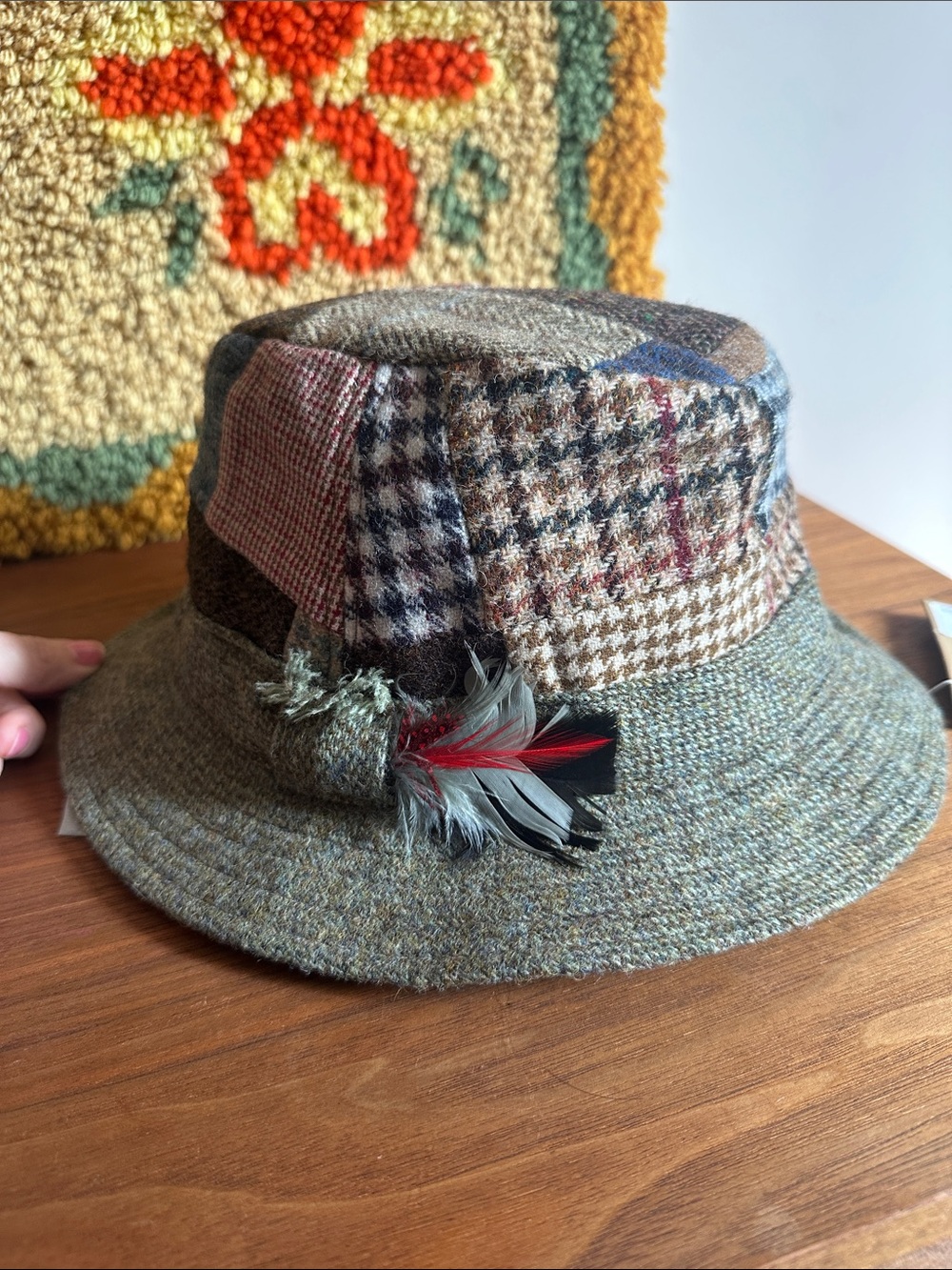 Men’s Vintage Wool Patchwork Tweed Bucket Hat with Feather  Made in Ireland